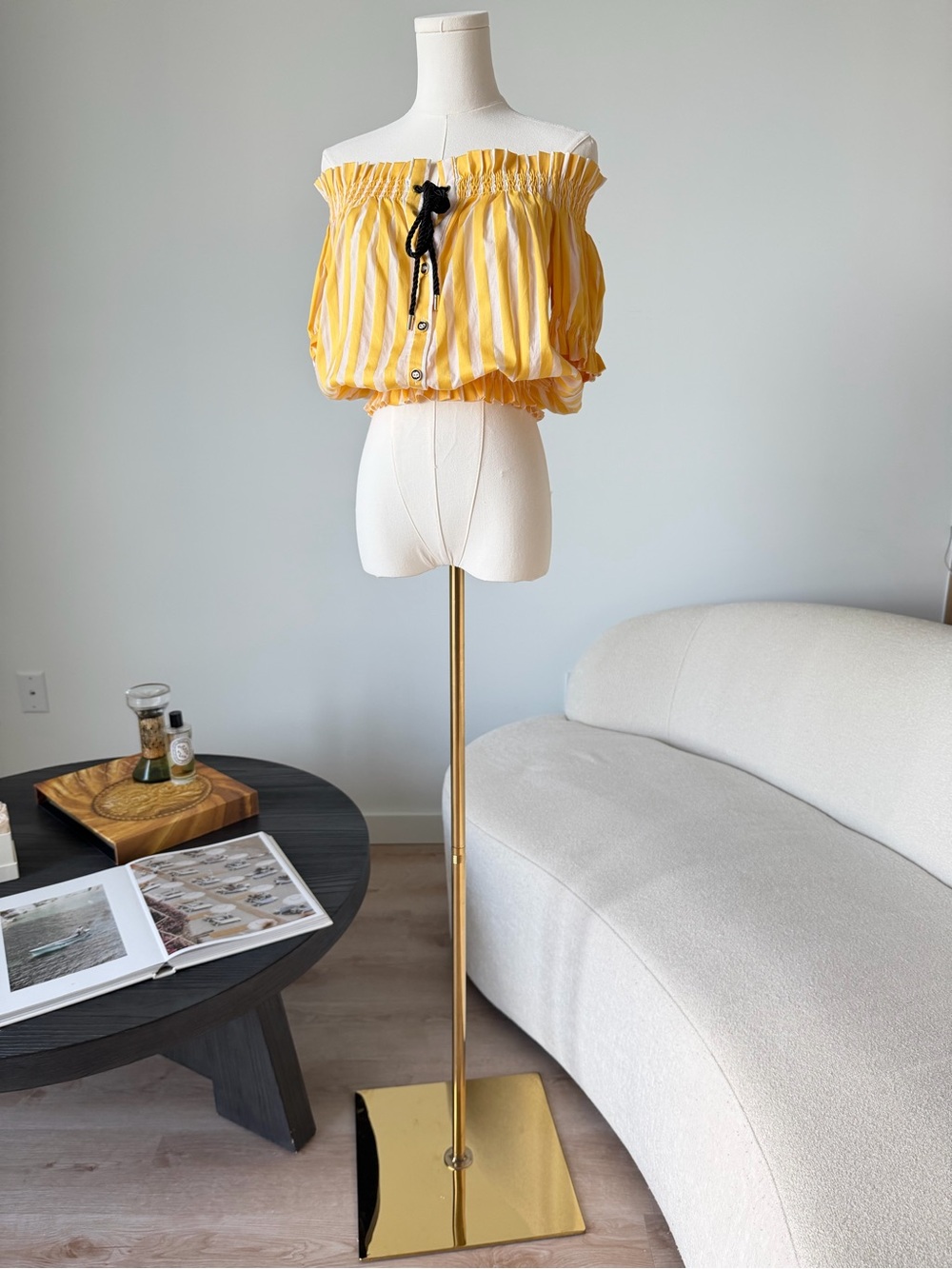 Caroline Constas Yellow White Striped Off-Shoulder Cotton Blouse Top Size M $495